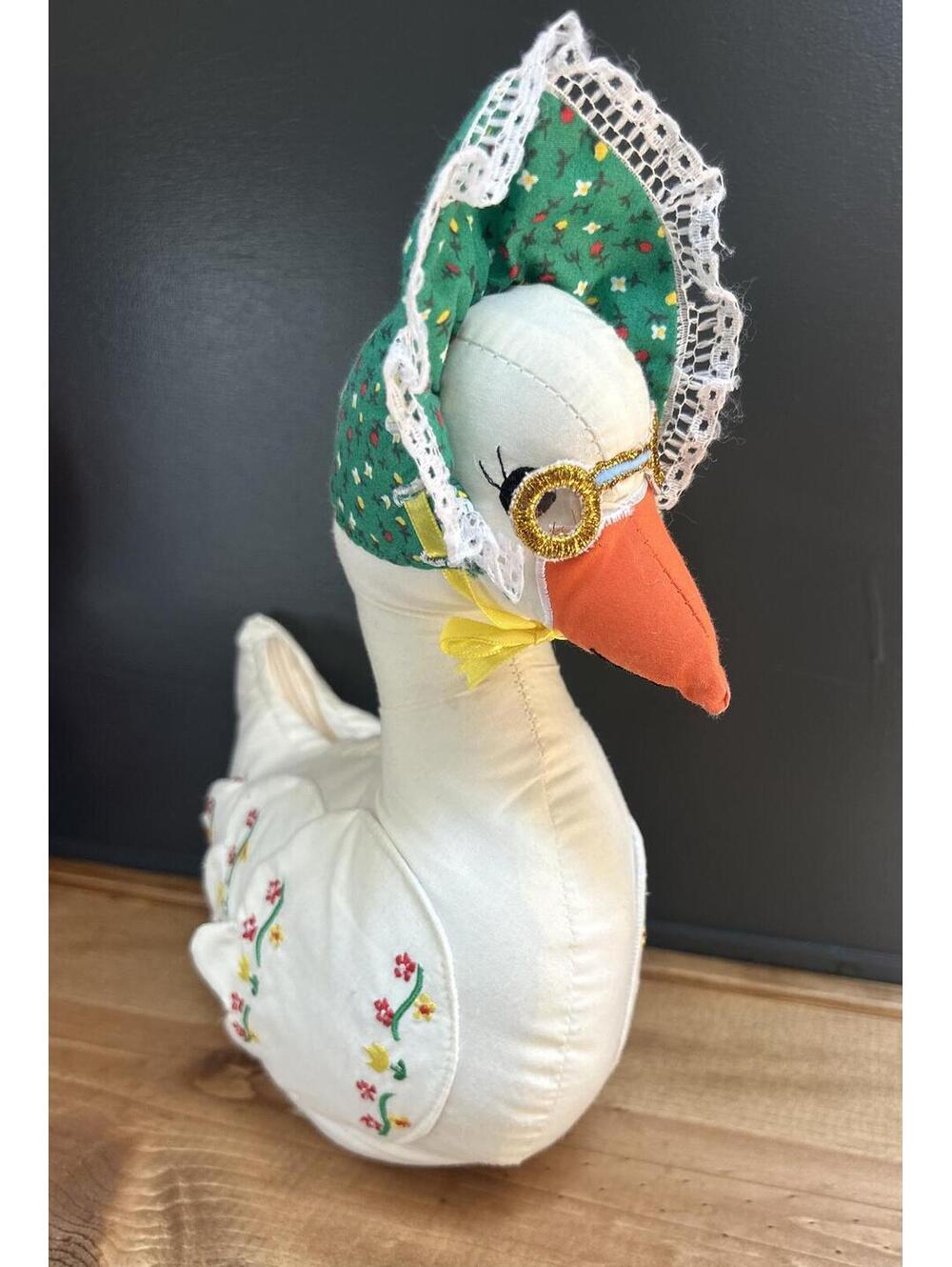 Pockets of Learning Mother Goose Sculpture Duck Embroidered Flowers Green Bonnet